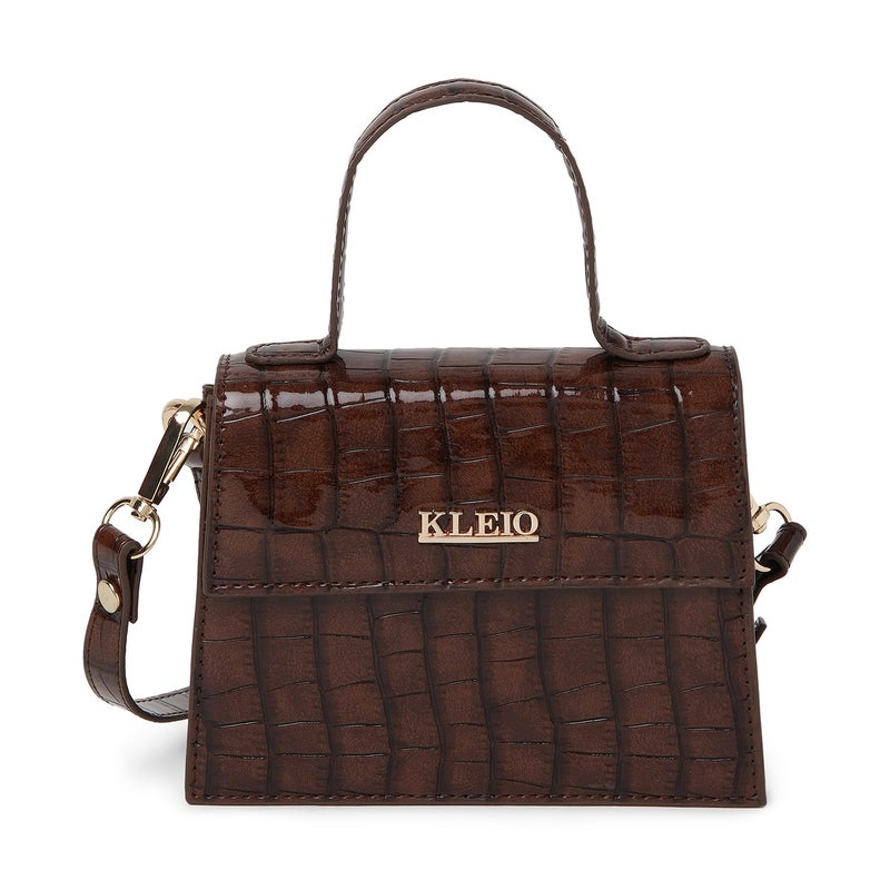 KLEIO PU Leather Top Handle Mini Handbag with Detachable Sling - Brown - Image 1